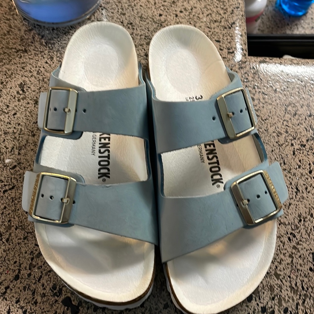 Light blue suede Birkenstock sandals